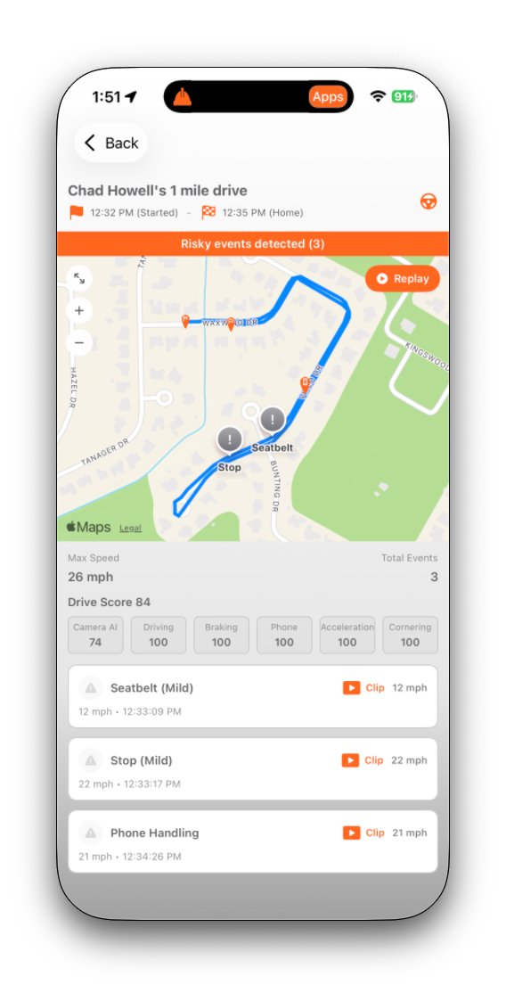 TruceVision parent dashboard: trip review with map and drive score