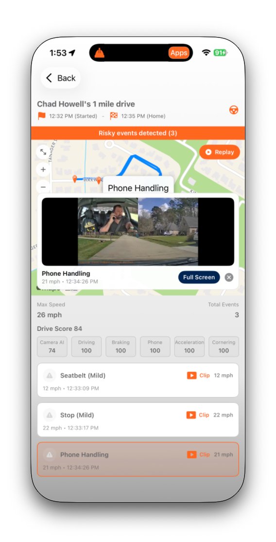 TruceVision app: trip review with video clip playback