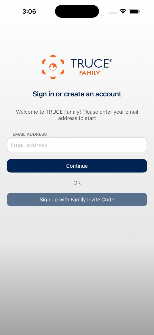TRUCE Family sign in screen with an email field and a Sign up with Family Invite Code button
