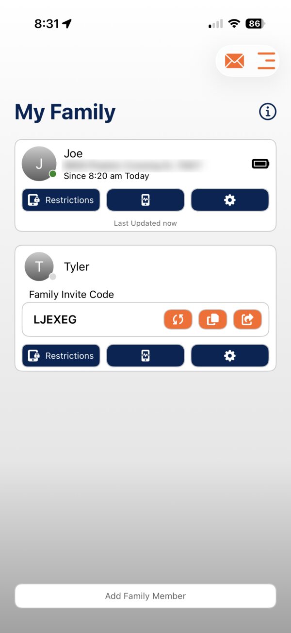 TRUCE Family My Family screen with a teen profile showing the Family Invite Code and the Share Invite Code buttons