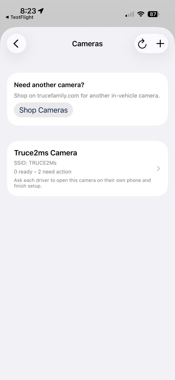 TRUCE Family Cameras screen showing a saved camera and the button to add another camera