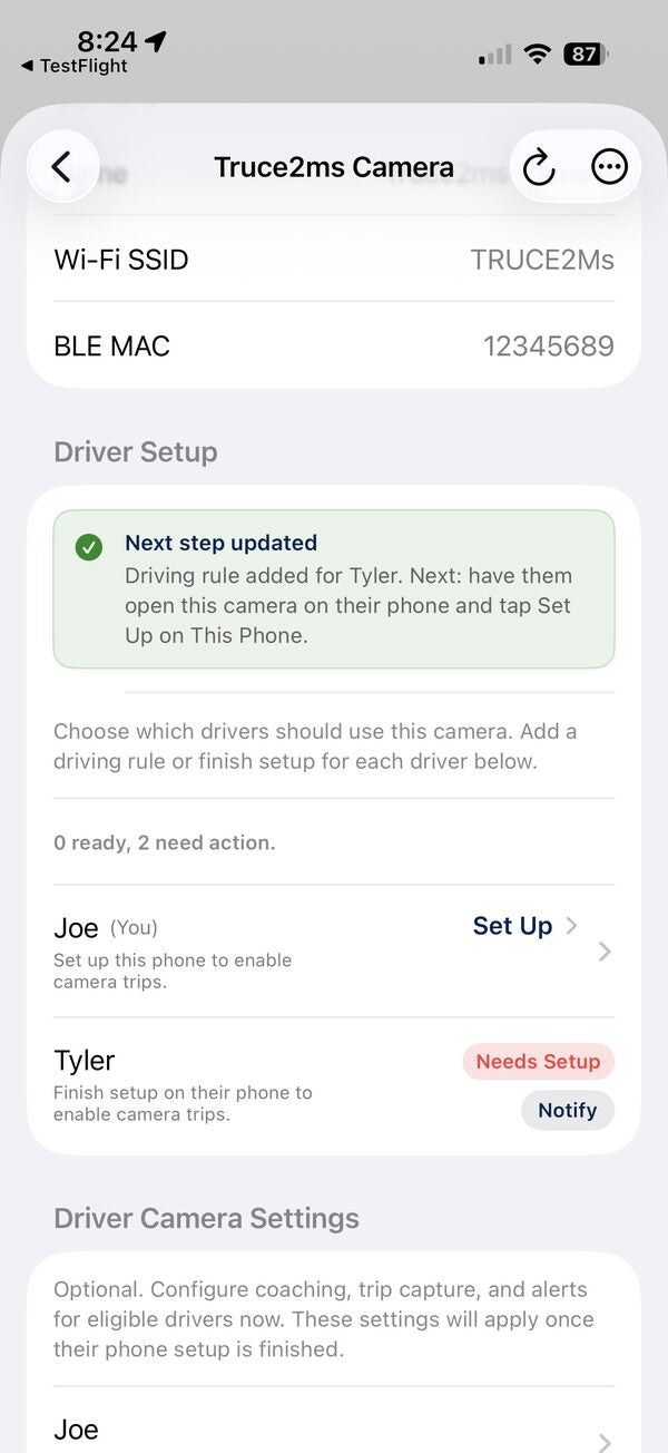 TRUCE Family screen confirming the driving rule was added and the teen now shows Needs Setup