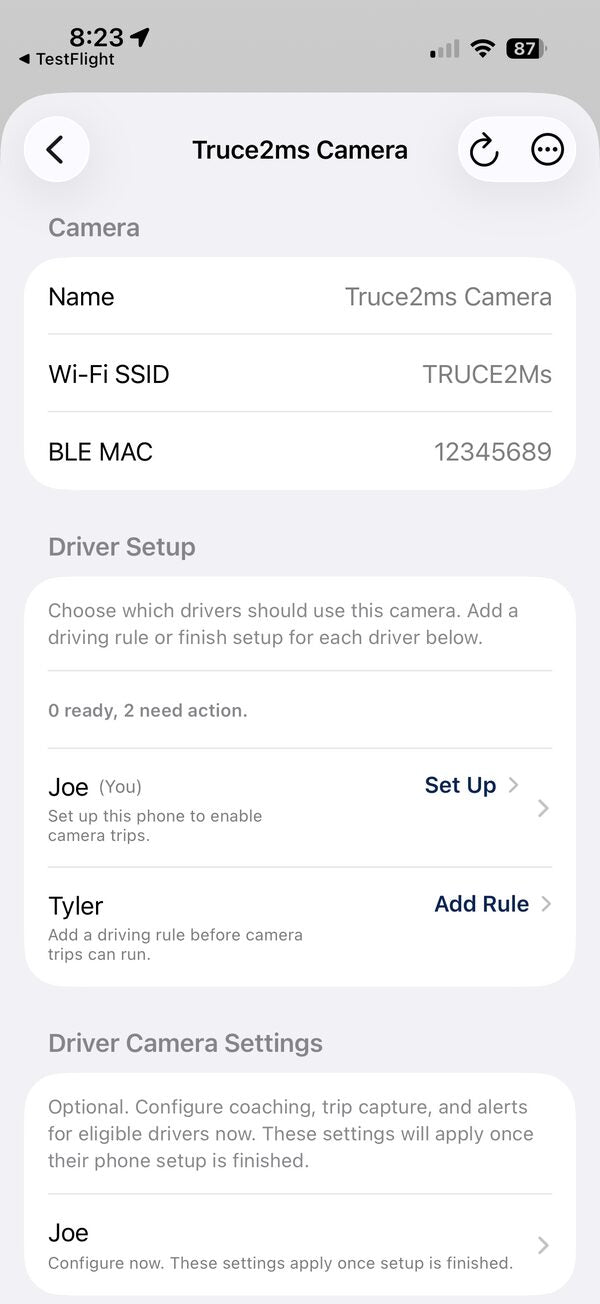 TRUCE Family camera detail screen showing a driver with an Add Rule action