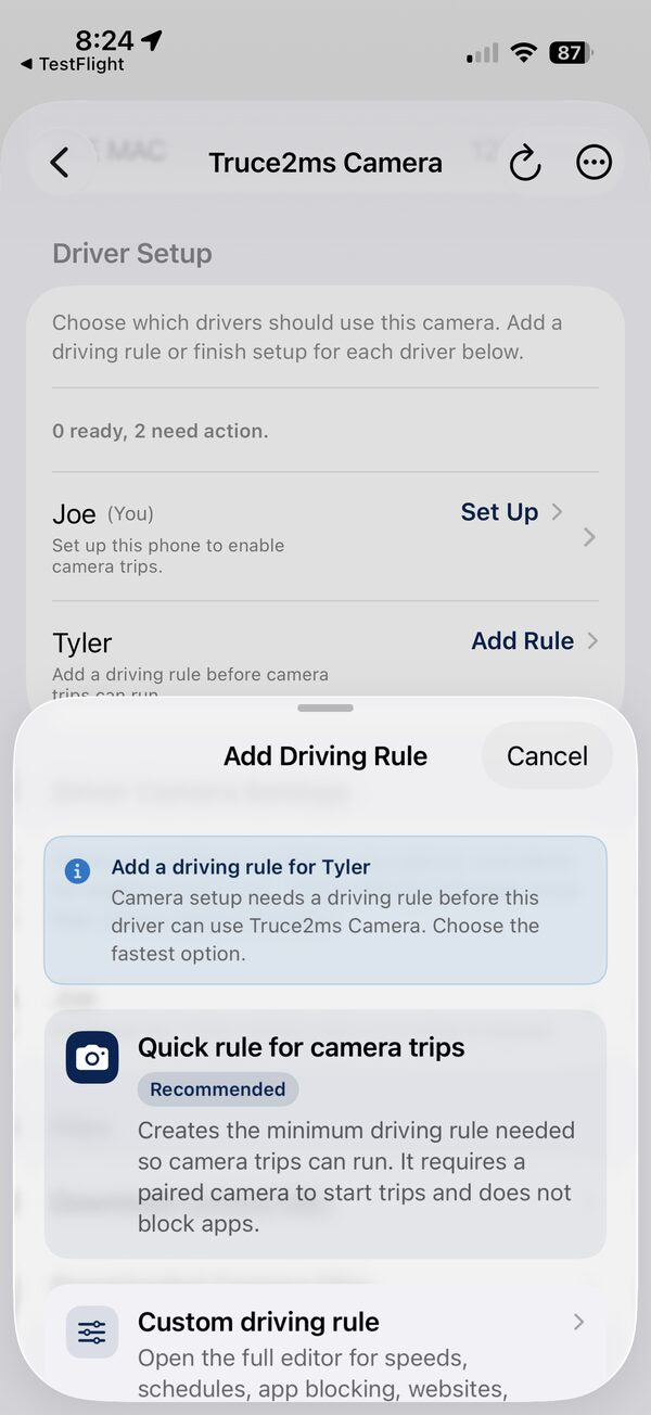 TRUCE Family Add Driving Rule screen with the recommended Quick rule for camera trips selected