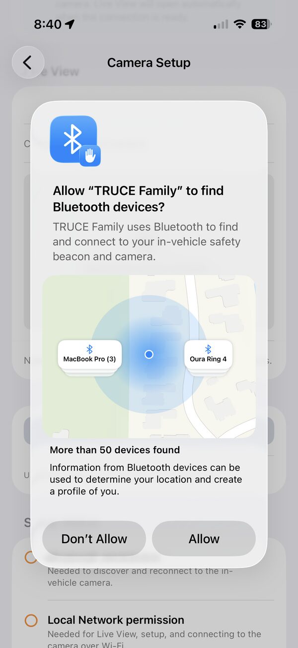 iPhone dialog asking to allow TRUCE Family to find Bluetooth devices, used to connect to the in-vehicle camera
