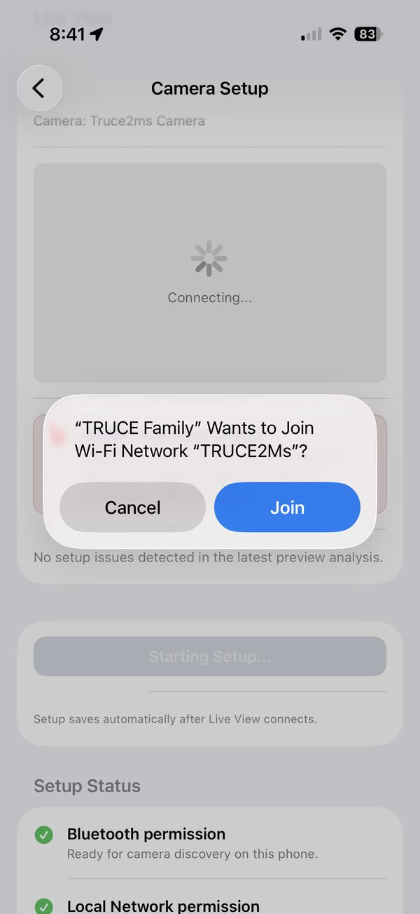 iPhone dialog asking to join the camera Wi-Fi network while TRUCE Family connects to the camera
