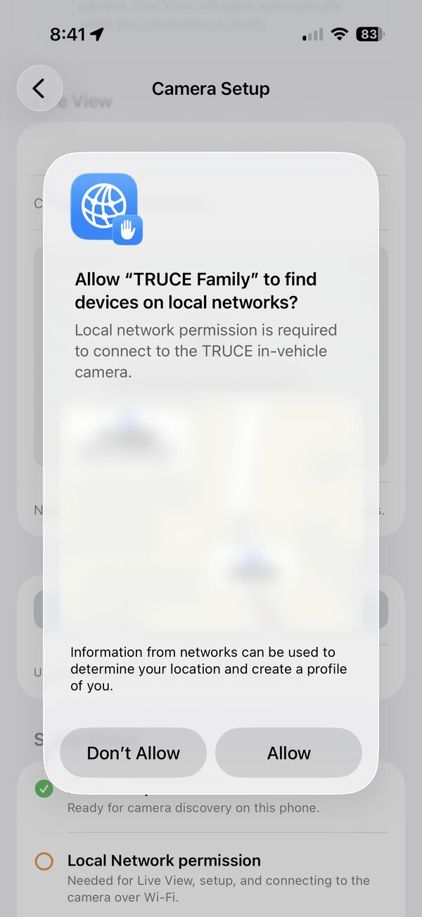 iPhone dialog asking to allow TRUCE Family to find devices on the local network, required to connect to the camera